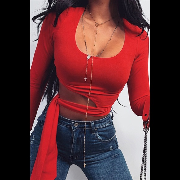 Sexy Red Side Tie Hollow Out long Sleeve Crop Shirt ❌Last 1 ❌ - Picture 5 of 5